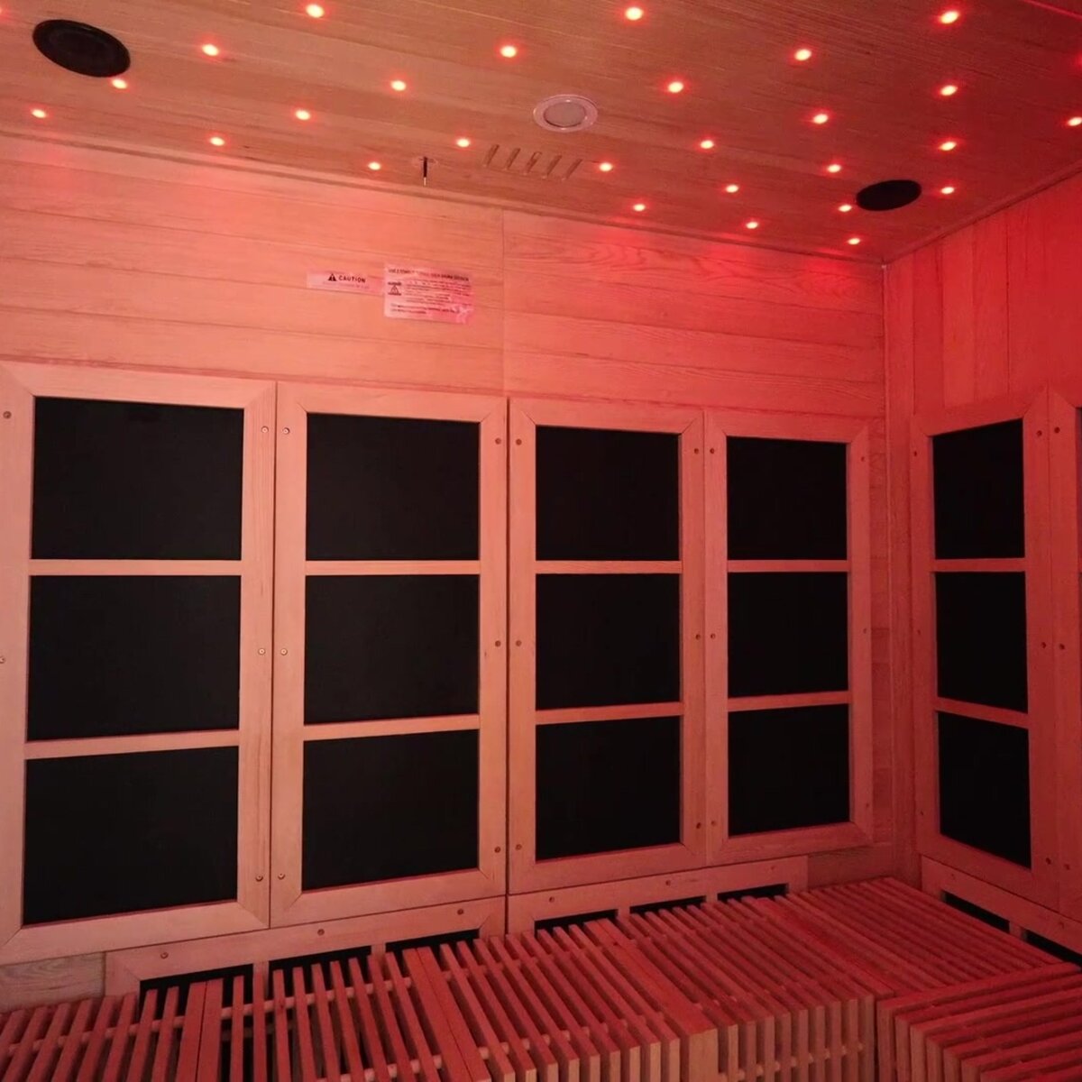 Infrared sauna interior with red light therapy